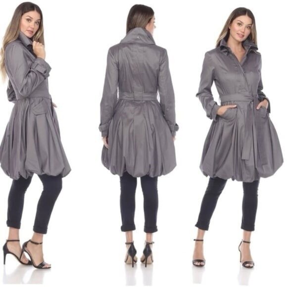 Samuel Dong Gray Metallic Taffeta Collared Bubble Hem Zip Trench Jacket Coat XL - Picture 2 of 14